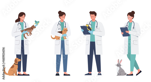 A collection of diverse male and female veterinarians in lab coats caring for various pets like a dog, cat, bird, and rabbit.