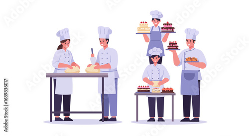 Pastry chefs preparing and presenting delicious cakes and pastries in a bakery setting.