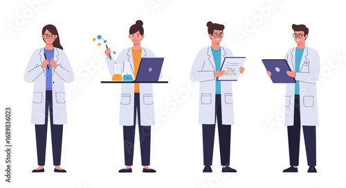 Four scientists in lab coats, showcasing diverse research activities: data analysis, experimentation, and digital technology.