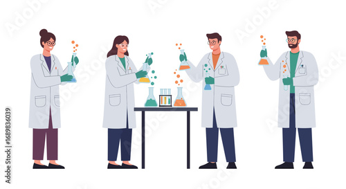 A group of diverse scientists in lab coats conducting chemical experiments with flasks and beakers.