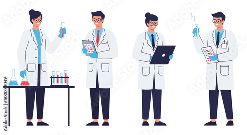 A collection of four cartoon scientists, male and female, in white lab coats performing research, holding beakers, a laptop, and clipboards in a laboratory setting.