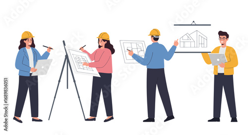 A team of architects and engineers in hard hats collaborating on building blueprints and designs.