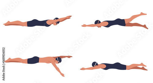 A set of illustrations showing male and female swimmers demonstrating various swimming strokes and techniques on a white background.