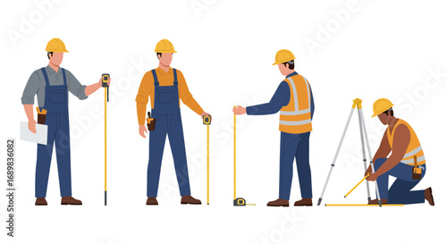 A set of professional surveyors and builders in hard hats using measuring tools for construction work.
