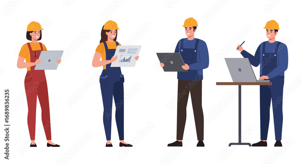 Obraz premium A diverse team of male and female construction workers and engineers in hard hats using laptops and tablets for site management.