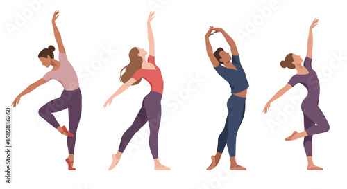 Four diverse individuals gracefully performing ballet poses, showcasing elegant movements with raised arms.