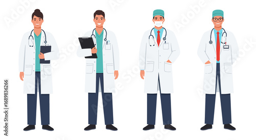 Four diverse medical professionals in white coats, smiling and holding medical tools, ready for work.