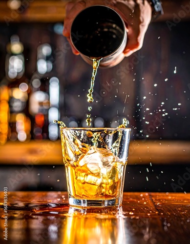 Pouring whiskey into a glass with ice