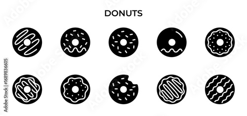Donut Icons Set, Black Solid Vector Donuts Collection, Sweet Dessert Icon Pack with Glazed Doughnut, Chocolate, Frosting, Sprinkles, Bite Donut, Minimal Flat Bakery Symbol, Editable Food Graphic