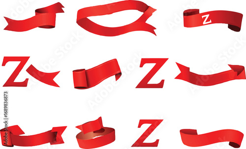 Collection of red ribbons and letter Z shapes Keywords: red ribbon, banner, scroll, label, tag