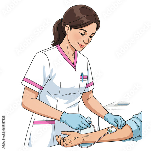A compassionate female nurse in a white uniform and blue gloves carefully administers an intravenous injection or draws blood from a patient's arm.