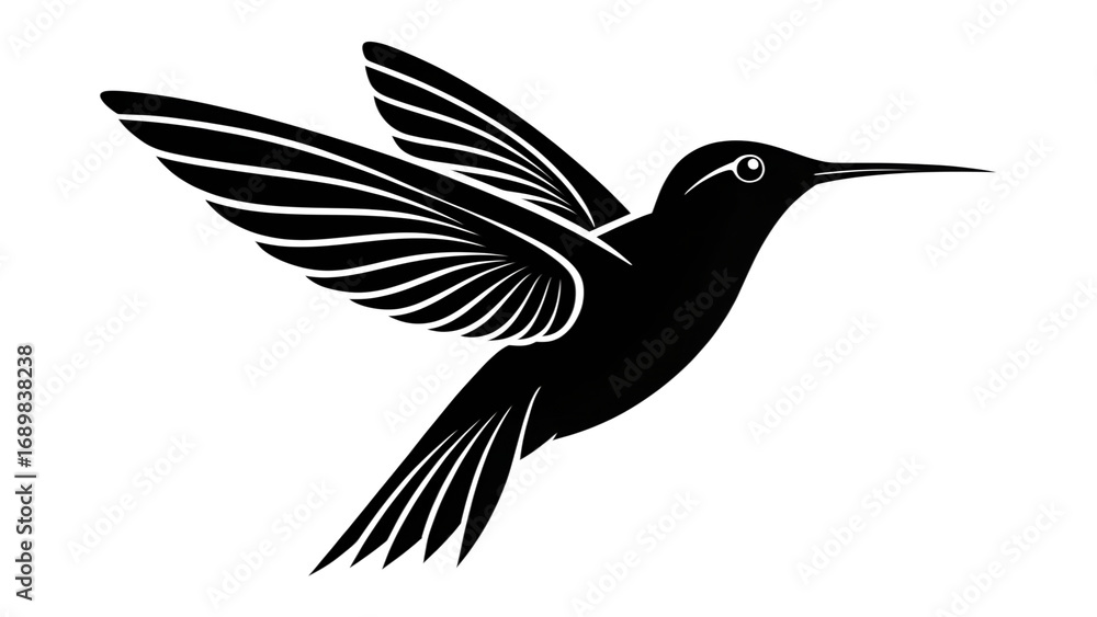 Fototapeta premium A black silhouette of a hummingbird in flight, wings spread, isolated on a white background, creating a simple, elegant, and minimalist design. 