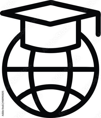 Global Education Icon – Graduation Cap on Globe Symbol in Bold Line Style
