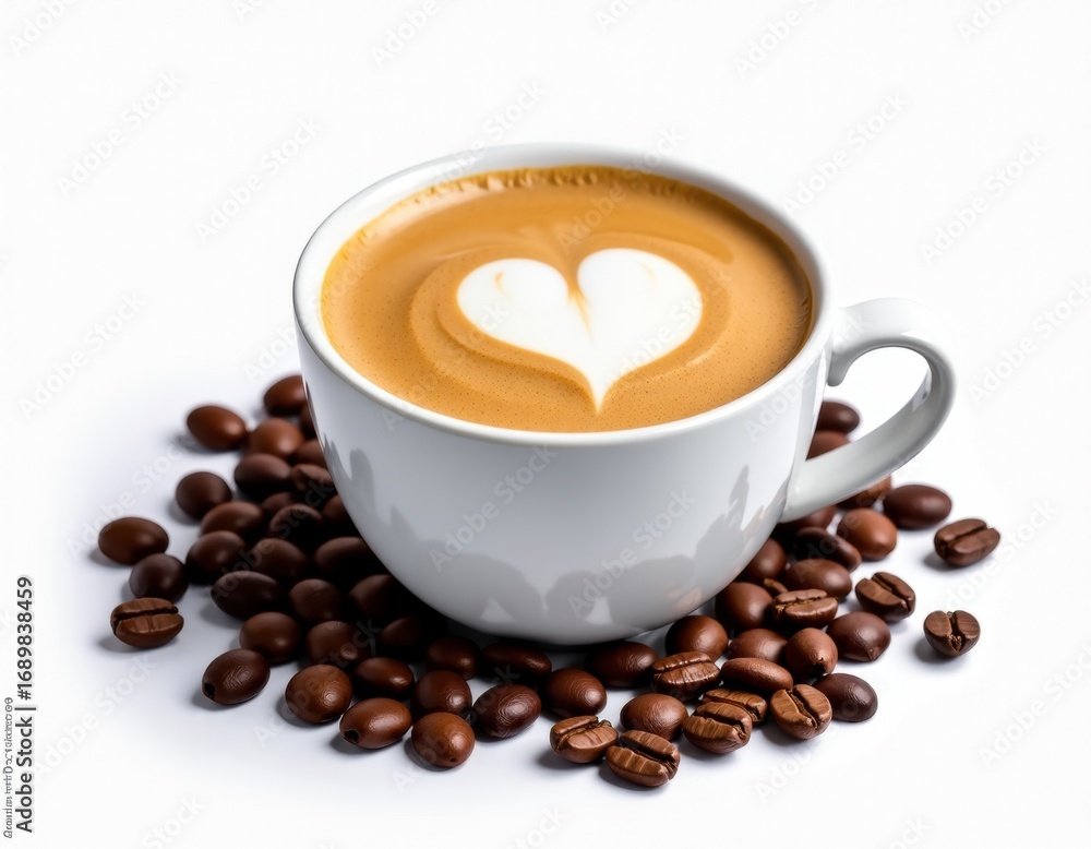 Fototapeta premium Latte Art Heart Coffee with Roasted Beans on White.