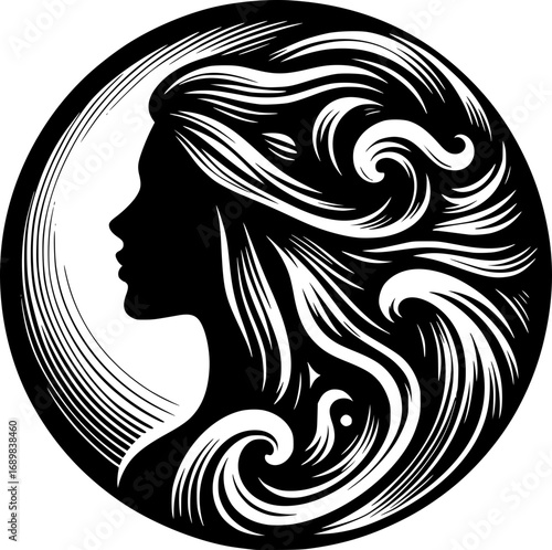 Minimalist black and white vector icon of a woman’s side face mixed with ocean style, clean lines, modern, scalable, ideal for logos or stickers.