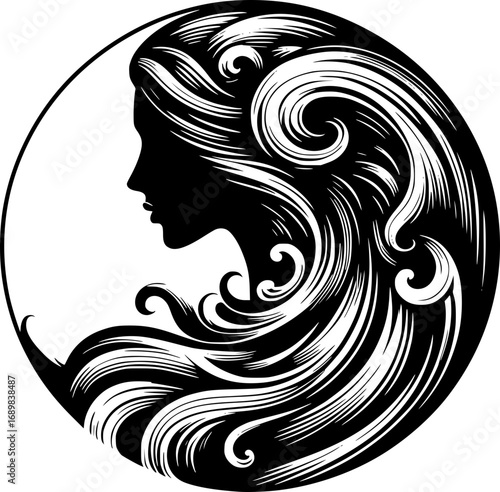 Minimalist black and white vector icon of a woman’s side face mixed with ocean style, clean lines, modern, scalable, ideal for logos or stickers.