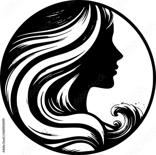 Minimalist black and white vector icon of a woman’s side face mixed with ocean style, clean lines, modern, scalable, ideal for logos or stickers.