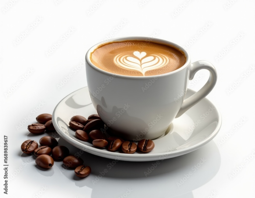 Fototapeta premium Latte Coffee Cup with Heart Art and Beans on White Background