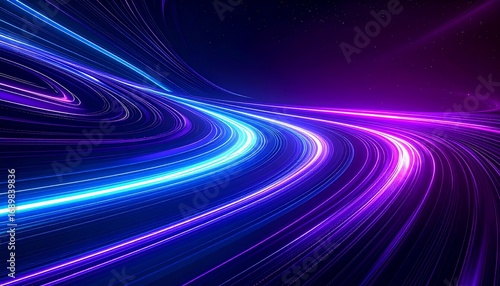 Abstract digital art with dynamic light trails, vibrant colors, and flowing lines on a dark background