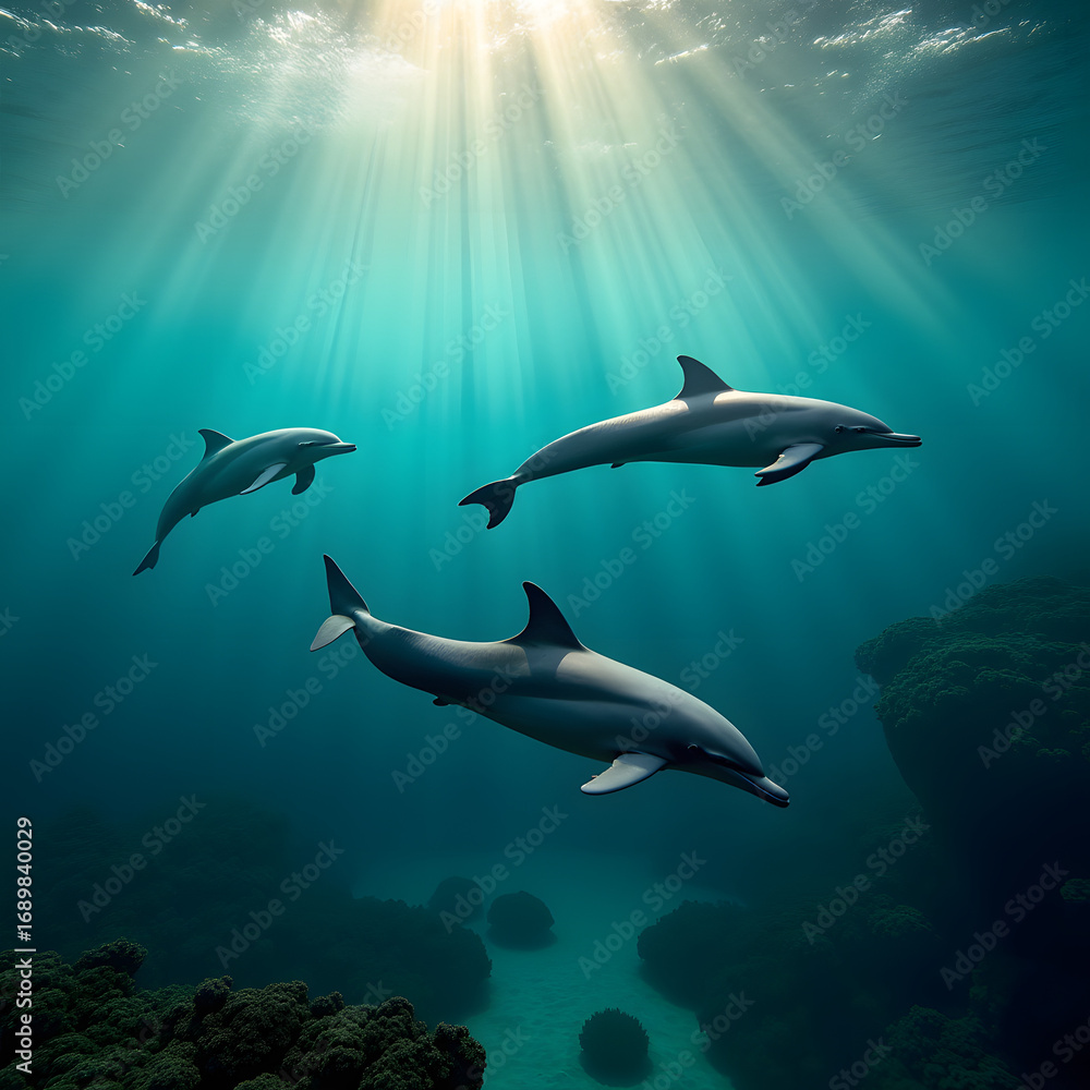 Obraz premium Dolphins Swimming Underwater with Sun Rays - Ocean Life Photography