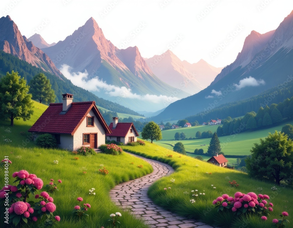 Obraz premium Picturesque Mountain Village with Stone Path, Green Hills, and Blooming Flowers