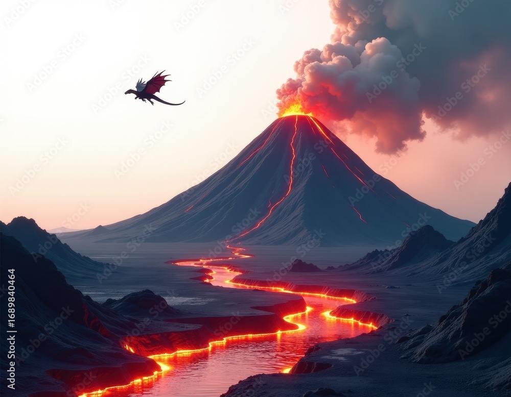 Fototapeta premium Fantasy Volcanic Eruption with Dragon and Luminous Lava River