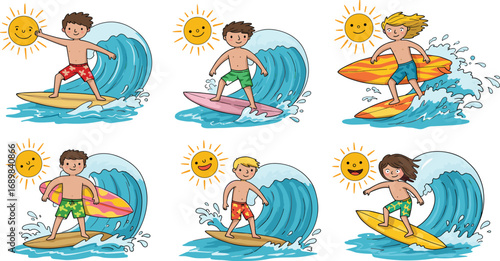 Cute cartoon kids surfing big ocean waves under bright smiling sun, colorful summer beach activity, fun water sport, summer adventure.