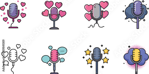 Cute cartoon microphones with hearts, stars, speech bubbles, podcast icons, colorful audio recording illustrations, love-themed broadcast, and communication design elements.