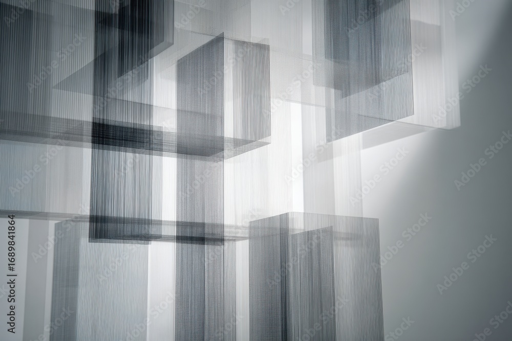 Obraz premium Abstract composition of layered translucent cubes creating depth and light play in a contemporary architectural setting