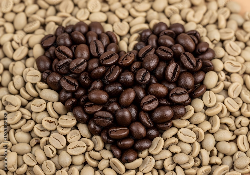 Fototapeta premium roasted coffee beans forms heart shape with green beans around them