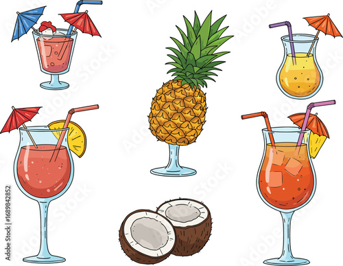 Refreshing tropical drinks with pineapple, coconut, citrus fruits, colorful umbrellas, summer cocktails, beach beverages, ice cubes, fruity refreshment.