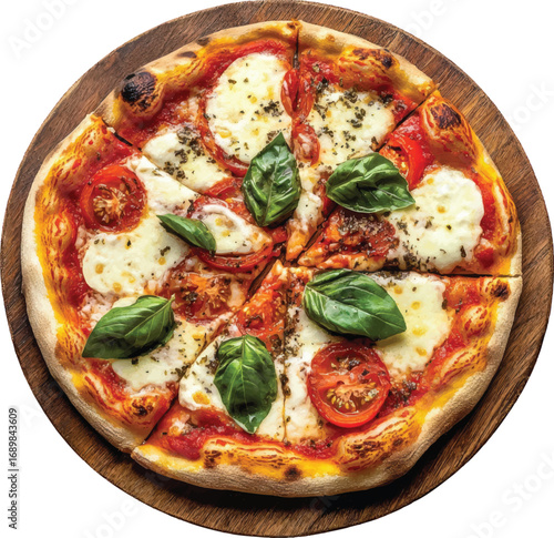 Margherita Pizza on Wooden Board with fresh