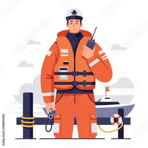 Vector illustration concept of a professional sailor in an orange life vest holding a radio at the harbor, with a ship in the background