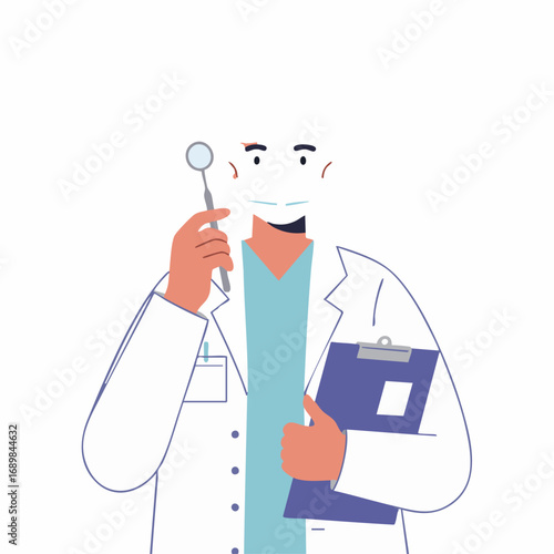 Male dentist character in a medical uniform and face mask holding an inspection mirror and clipboard. Oral healthcare and stomatology concept
