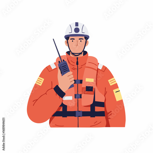 Isolated flat vector illustration of a professional rescuer in safety gear, including a life jacket and helmet, using a two-way radio for communication