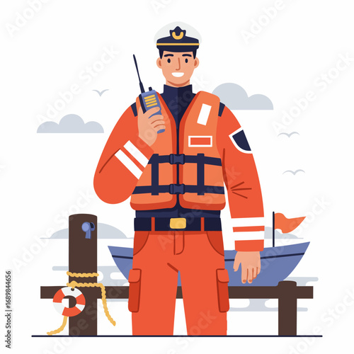 Cheerful maritime captain in uniform with a life vest holding a radio, standing on a wooden pier with a boat in the background