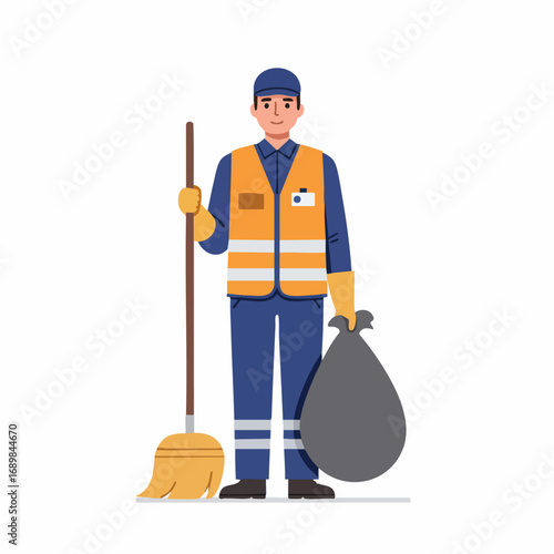 A friendly male sanitation worker in a uniform and safety vest, holding a garbage bag and a broom. A janitor character for municipal cleaning services. Vector