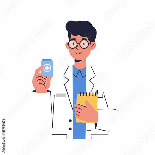 A friendly male doctor character in a white lab coat holding a bottle of prescription pills and a notepad, representing medical consultation and healthcare services