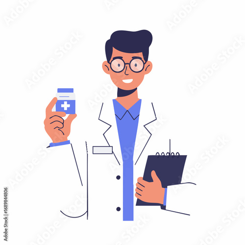 Friendly male doctor in a white lab coat holding a bottle of pills and a clipboard, illustrating a professional medical prescription concept