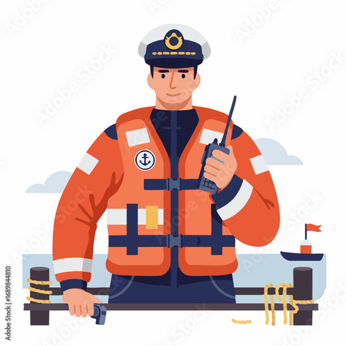 Professional boat captain in a safety life vest communicating on a radio, representing maritime service and security