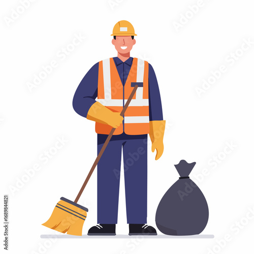 Vector illustration of a smiling municipal worker in a helmet and reflective vest holding a broom next to a garbage bag