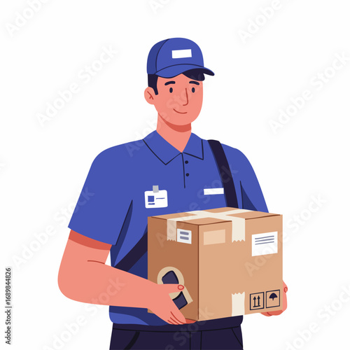 Friendly delivery man in a blue uniform holding a cardboard box package. Courier service professional character illustration on a white background