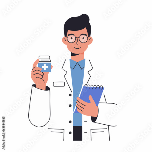 Vector illustration of a smiling healthcare professional with medication, symbolizing medical treatment, consultation, and pharmacy concepts