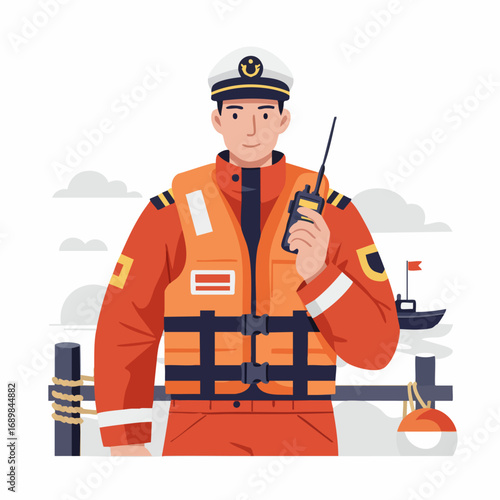 Illustration of a Coast Guard Officer in Uniform Holding a Radio Communicator Near the Sea