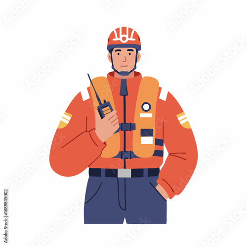 A confident male rescue worker in a helmet and life vest holding a radio, symbolizing emergency response and preparedness