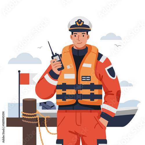 Confident male captain in a bright life vest, holding a walkie-talkie while on duty at a bustling port. A dedicated maritime professional overseeing ship operations and ensuring safety on the water