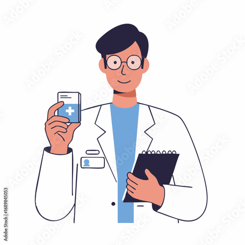 Friendly male doctor in a white lab coat holding a clipboard and recommending a bottle of prescription medication for treatment