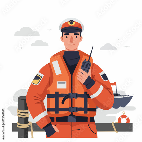 A confident ship captain in an orange life jacket holding a radio, representing the concept of maritime safety and professional duty