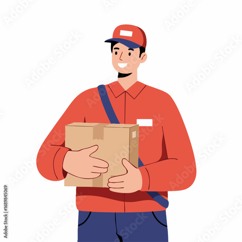 Friendly courier in a red uniform holding a cardboard box. Concept of a professional express delivery service and logistics