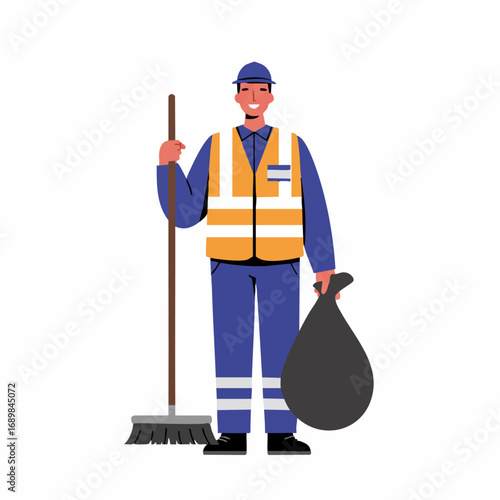 Friendly street cleaner in a high-visibility uniform holding a broom and garbage bag. Vector illustration of a sanitation worker for public service concepts